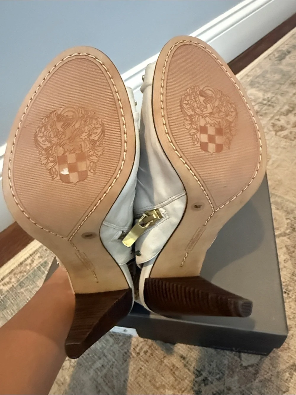 Vince Camuto Ivory Open-Toe Studded Leather Heels with Side Zipper